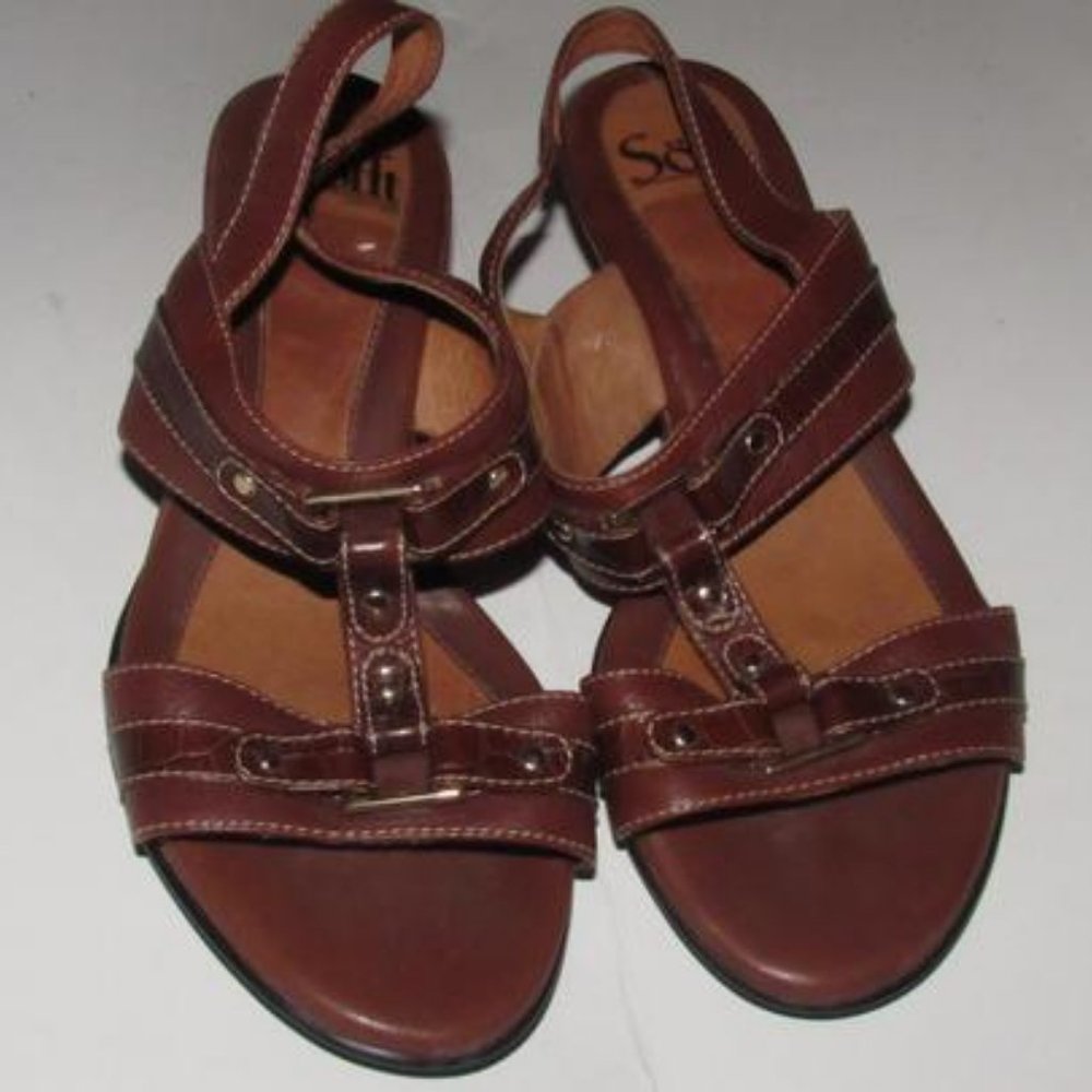 Sofft Brown Leather T-strap Slingback Wedge